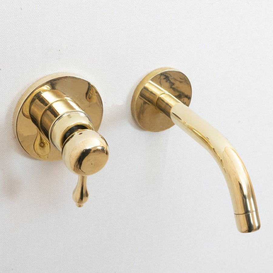 Unlacquered Brass Wall Mounted Mixer Faucet, Handcrafted Brass Hot and Cold Lever Handle Tap Unlacquered Brass Wall Mounted Mixer Faucet