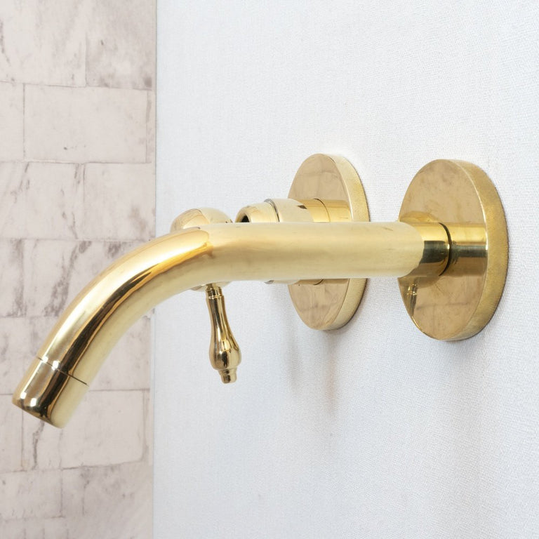 Unlacquered Brass Wall Mounted Mixer Faucet, Handcrafted Brass Hot and Cold Lever Handle Tap Unlacquered Brass Wall Mounted Mixer Faucet