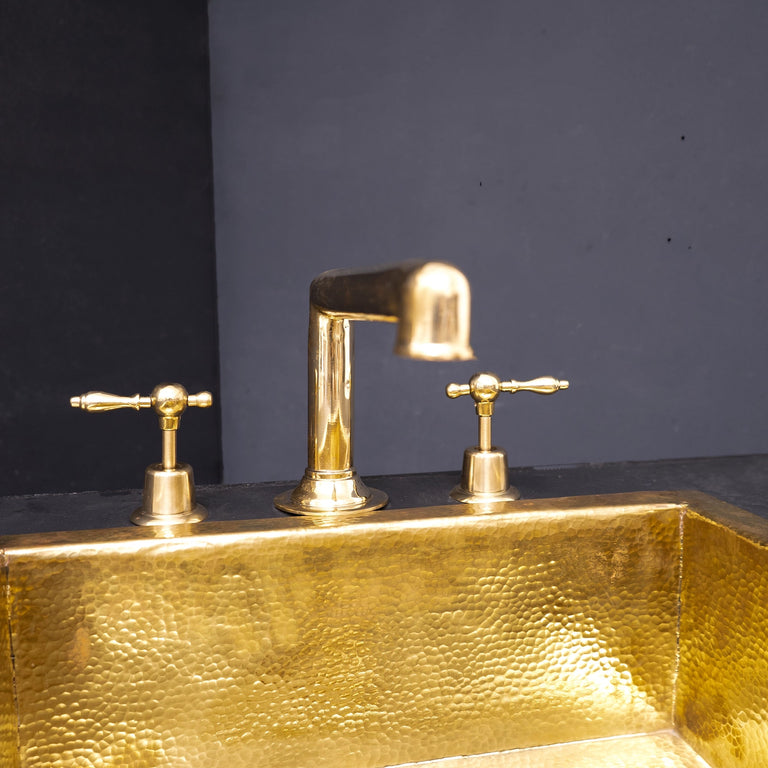 Unlacquered Brass Deck Mounted Sink Faucet, Widespread 3 Holes Bath Faucet Unlacquered Brass Widespread Prep Sink Faucet