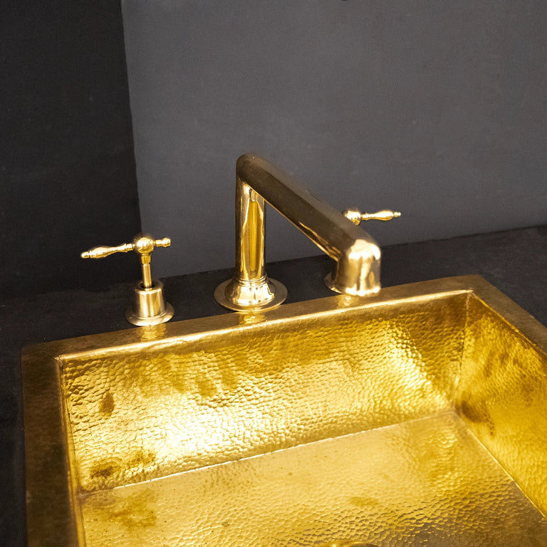 Unlacquered Brass Deck Mounted Sink Faucet, Widespread 3 Holes Bath Faucet Unlacquered Brass Widespread Prep Sink Faucet