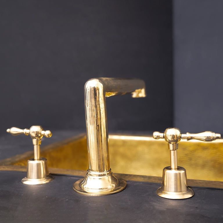 Unlacquered Brass Deck Mounted Sink Faucet, Widespread 3 Holes Bath Faucet Unlacquered Brass Widespread Prep Sink Faucet