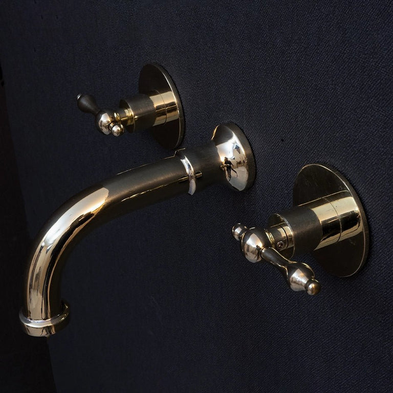 Unlacquered Brass Wall Mounted Faucet With Lever Handles, Brass Faucet For Kitchen And Bathroom Wall Mounted Handcrafted Faucet With Lever Handles