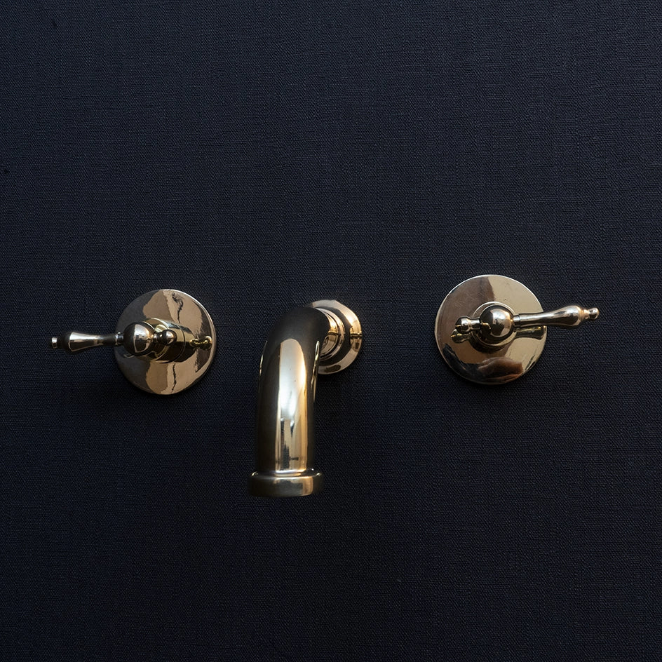 Unlacquered Brass Wall Mounted Faucet With Lever Handles, Brass Faucet For Kitchen And Bathroom Wall Mounted Handcrafted Faucet With Lever Handles
