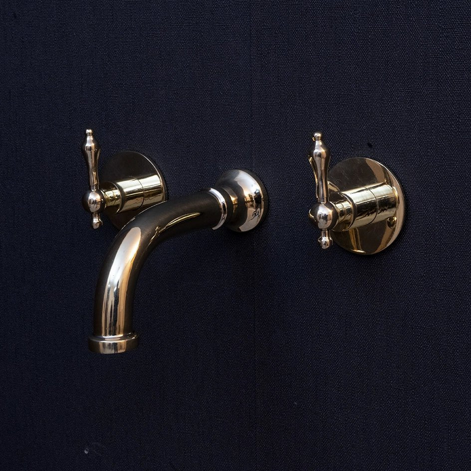 Unlacquered Brass Wall Mounted Faucet With Lever Handles, Brass Faucet For Kitchen And Bathroom Wall Mounted Handcrafted Faucet With Lever Handles