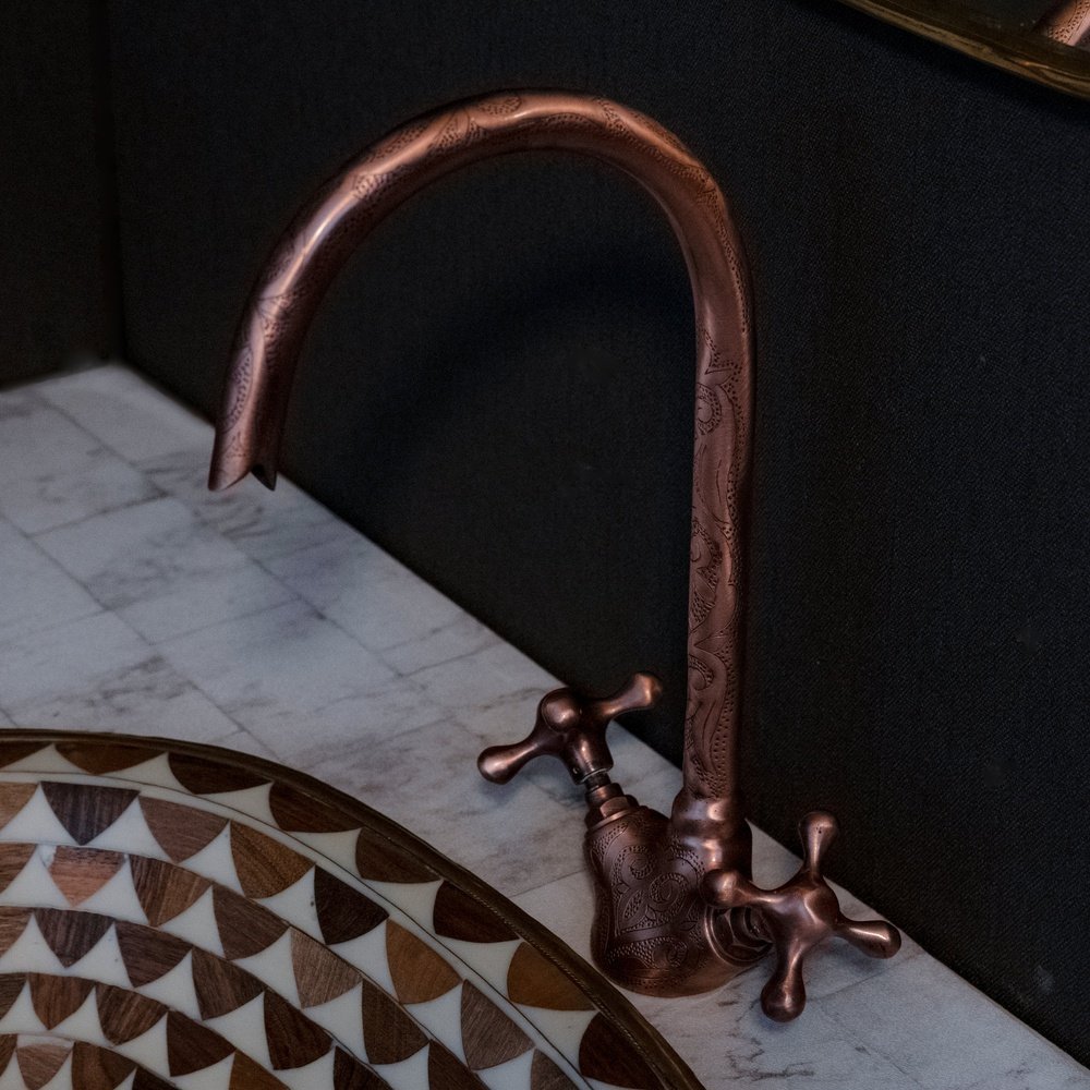 Argan Wood And Brass Oval Bathroom Sink, Powder Room Drop in Sink Wood And Brass Bathroom Sink