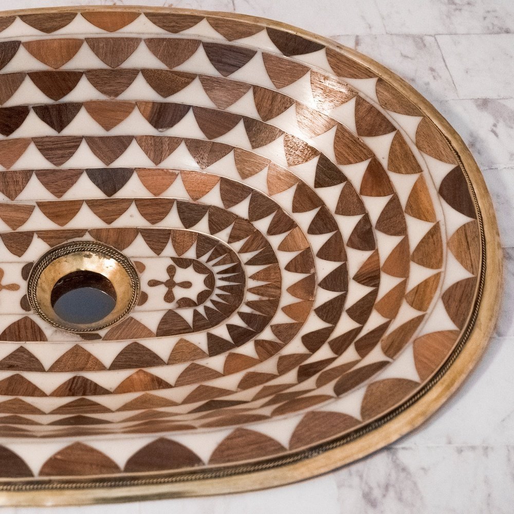 Argan Wood And Brass Oval Bathroom Sink, Powder Room Drop in Sink Wood And Brass Handcrafted Bathroom Sink