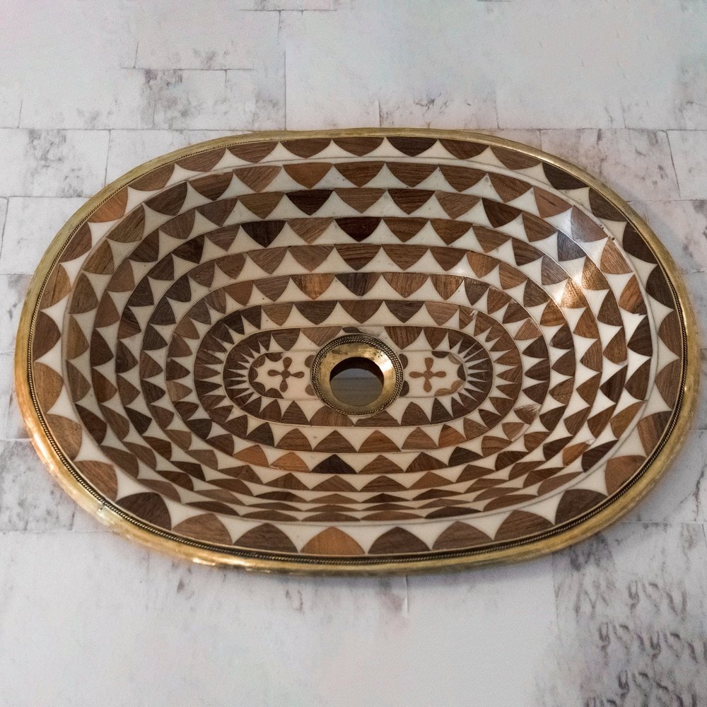 Argan Wood And Brass Oval Bathroom Sink, Powder Room Drop in Sink Wood And Brass Handcrafted Bathroom Sink
