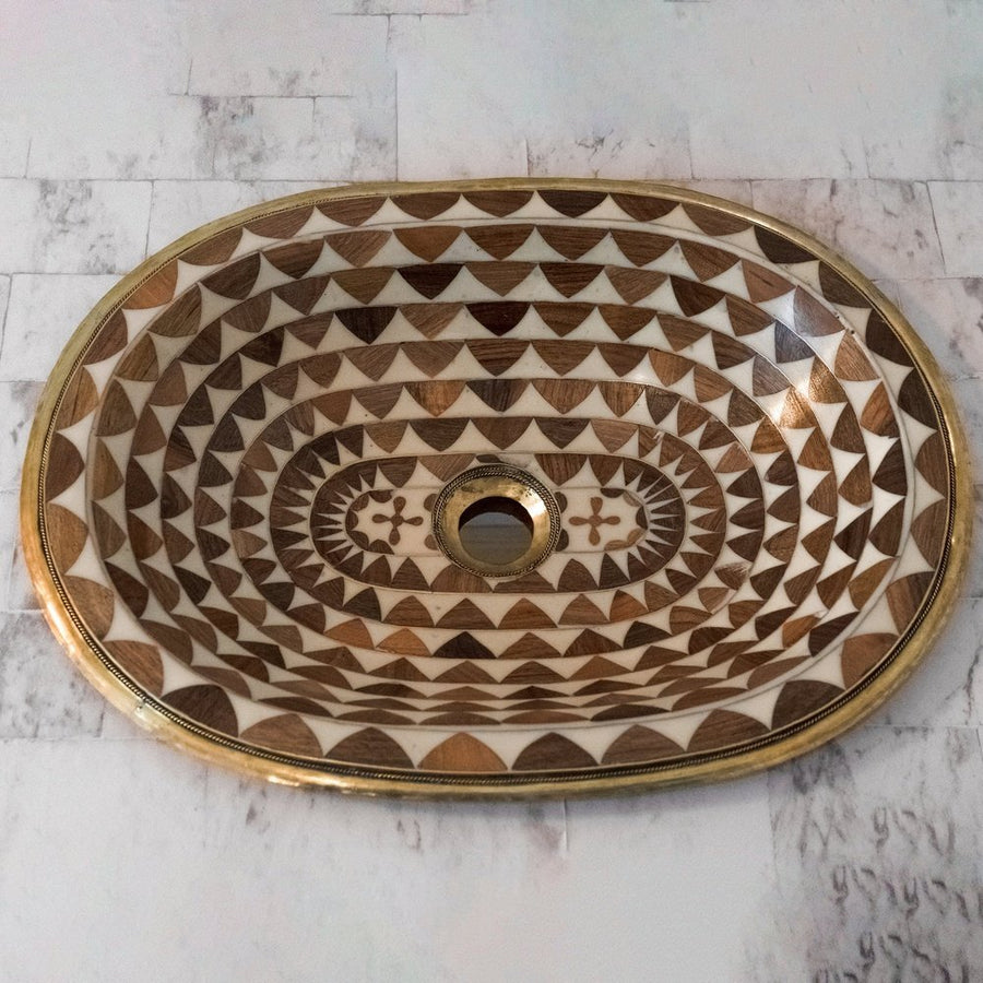 Argan Wood And Brass Oval Bathroom Sink, Powder Room Drop in Sink Wood And Brass Handcrafted Bathroom Sink