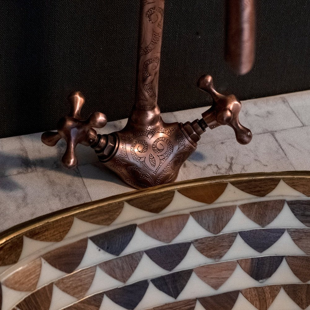 Argan Wood And Brass Oval Bathroom Sink, Powder Room Drop in Sink Wood And Brass Bathroom Sink