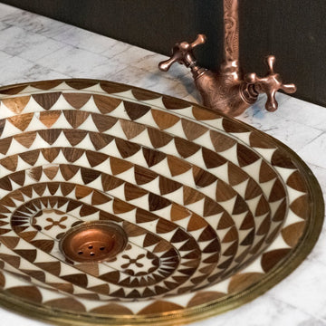 Argan Wood And Brass Oval Bathroom Sink, Powder Room Drop in Sink Wood And Brass Handcrafted Bathroom Sink